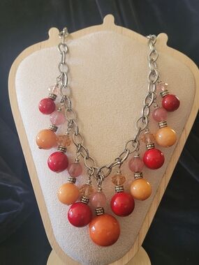 Women’s Multi-Bead Statement Necklace in Red, Orange, and Pink